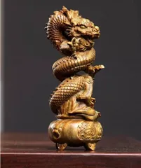 木作 龍二匹の置物 : 龍の置物 ツゲの木 彫刻 ドラゴン像 マスコット 無垢材 干支 ドラゴン木の彫刻 風水 装飾 グッズ 16cm :  ホーム＆キッチン