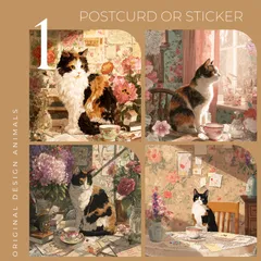 オリジナルデザイン アニマル ポストカード ステッカー 選べるタイプ 同柄 ハガキサイズ ネコ 三毛猫 テーブル 可愛い 癒し イラスト 紙もの コラージュ