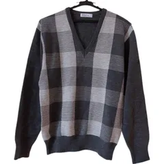 Z1514【美品】Arnold Palmer　アーノルドパーマー　Ｖネックセーター　ニット　ボーダー　グレー　メンズ　Mサイズ　ウール　クリーニング済み　ゴルフ