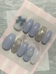 【現品】ネイルチップ 水色 白 ブルー リボン ラメ nuネイルチップ