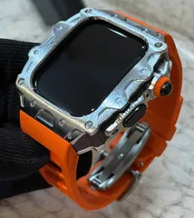 オレンジシルバー　別注強化型シルバーバックルモデル　AppleWatc用　カスタム　カバーケース　保護　46　　アップルウォッチ専用　series10　series11 　ラバーバンド　ベルト