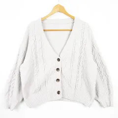 アンドサーチ And Search ニット カーディガン ケーブル編み 長袖 M ライトグレー kz9225