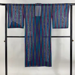 道行 身丈128cm 裄丈65.5cm M 和装コート 角衿 幾何学 縞 青 正絹 名品 【中古】