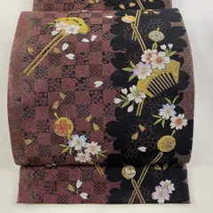 袋帯 秀品 簪 桜 金銀糸 ラメ糸 赤紫 六通 正絹 【中古】