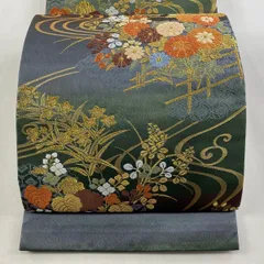 【美品】 袋帯 秀品 関西仕立て 秋草 流水 金糸 唐織 青緑 六通 正絹 【中古】