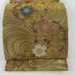 【美品】 袋帯 秀品 振袖向き 桜 流水 金糸 箔 金色 六通 正絹 【中古】