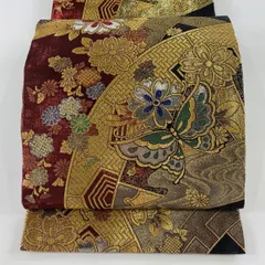 【美品】 袋帯 秀品 振袖向き 桜 蝶 金糸 箔 金色 六通 正絹 【中古】