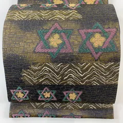 【美品】 袋帯 名品 花 幾何学 金糸 箔 茶色 六通 正絹 【中古】
