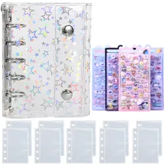 新品 Refoiner シール帳 透明 女の子 はがせる m5 バインダー リフィル10枚付き 立体3dシール 4枚セット シール手帳 かわいい シンプル クリアバインダー ミニ5穴 推し活グッズ 収納 小物入れ 持ち運びが簡単(星柄)