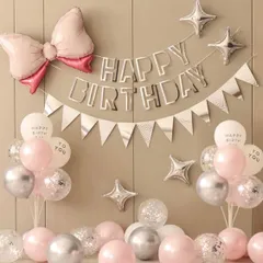 リボン＆シルバーバルーン 誕生日 飾りセット ガーランド ピンク