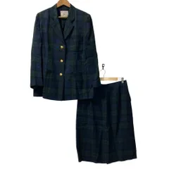 美品 Burberrys バーバリーズ ブラックウォッチ チェック 金釦 ブレザー スカート セットアップ 15/17 グリーン×ネイビー レディース 古着 中古 USED