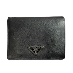 美品 PRADA プラダ トライアングルロゴプレート サフィアーノレザー 二つ折り財布 ブラック メンズ 古着 中古 USED
