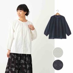オローネ ノーカラー ストライプ 長袖ブラウス クルーネック tandey 