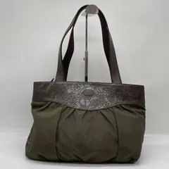 BN6712□IBIZA イビサ ナイロン×レザー トートバッグ 肩掛け ショルダーバッグ 3層式 カーキ 花柄 レザー 状態良好