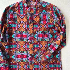 幾何学柄スタンドカラー長袖シャツ 総柄 古着 メンズ