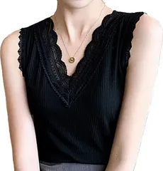 【新品・未使用】 レース Vネック タンクトップ ノースリーブ リブカットソー レディース インナー カジュアル 伸縮性 美シルエット 体型カバー おしゃれ 透け感 上品 着痩せ デコルテ魅せ 重ね着 レイヤード 春夏秋冬 ブラック