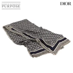 新品同様 クリスチャン ディオール Christian Dior オブリーク ストール マフラー シルク ウール ネイビー Oblique Stole 90297046