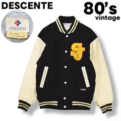 【入手困難】 80sヴィンテージ デサント DESCENTE 袖レザー メルトン スタジャン サガラワッペン アメカジ ストリート 牛革 L ブラック x アイボリー メンズ