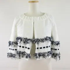 ハロッズ Harrods ノーカラージャケット 七分袖 クロップド丈 フリンジ 白 1 *T511のサムネイル