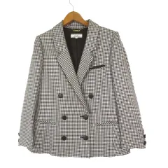 レリアン Leilian ジャケット 千鳥格子 ダブル シルク ウール ポケットチーフ付 テーラード 長袖 M 9 茶 ブラウン オフホワイト