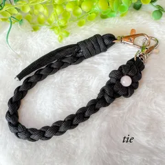 パラコード ピンクオパール ハンドメイド スマホストラップ 携帯ストラップ ブラック 天然石