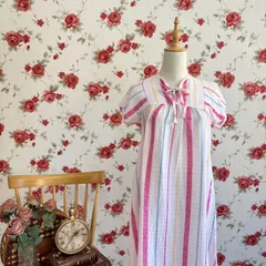 【フランス製】altesse マルチカラー　ストライプ模様　リボンタイワンピース フレンチヴィンテージ