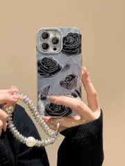 チェーン付き 墨色バラ iPhone 17 Pro Max ケース 上品な輝き IP16 PRO 対応 花柄 パールアクセント 大人可愛い