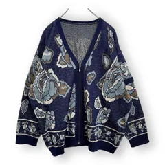 デザイン最高 ヴィンテージ デザインニット カーディガン ジップアップ 花柄 Vネック 総柄 ユニセックス