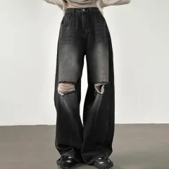 ハイウエスト ひざ ヴィンテージ スリット ウォッシュ Long ワイド デニムパンツ (ディープブラック)