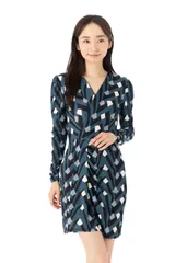 【フランス製 EGERIE】ワンピース レディース 長袖 30代 40代 50代 膝丈 カシュクール Vネック 総柄 ジャージー素材 着やせ オフィス 秋 冬 春 インポート エジェリ