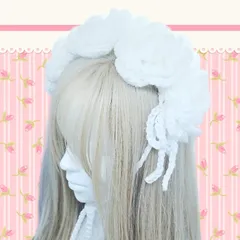 ハンドメイド　ヘッドドレス　大きなバラ　薔薇　ホワイト　リボン　白　編み物