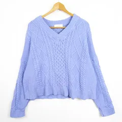 ミラオーウェン Mila Owen ニット セーター 長袖 Vネック 綿 0 パープル ケーブル編み kz11078