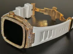 ホワイト&ローズゴールド★アップルウォッチバンド ラバーベルト 316Lステンレスカバー 重厚メタルケース ダイヤ キラキラ クリスタル 44mm 45mm 46mm メンズ レディース Series4〜11 SE SE2 SE3