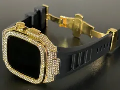 ブラック&ゴールド★アップルウォッチバンド ラバーベルト 316Lステンレスカバー 重厚メタルケース ダイヤ キラキラ クリスタル 44mm 45mm 46mm メンズ レディース Series4〜11 SE SE2 SE3