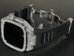 ブラック&シルバー★アップルウォッチバンド ラバーベルト 316Lステンレスカバー 重厚メタルケース ダイヤ キラキラ クリスタル 44mm 45mm 46mm メンズ レディース Series4〜11 SE SE2 SE3