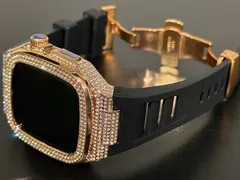 ブラック&ローズゴールド★アップルウォッチバンド ラバーベルト 316Lステンレスカバー 重厚メタルケース ダイヤ キラキラ クリスタル 44mm 45mm 46mm メンズ レディース Series4〜11 SE SE2 SE3