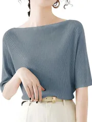 ニット レディース ボートネック 五分袖 リブ 半袖 サマーニット カットソー トップス 着回し力 シンプル シルエット 通勤 春 夏 R1147