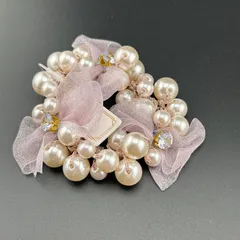 【新品】 ヘアアクセサリー ヘアゴム  ホワイト×パープル フェイク パール リボン 可愛い キレイ◆