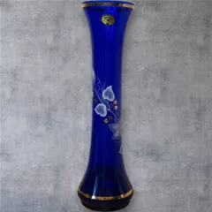 【美品】ボヘミア BOHEMIA クリスタル 花瓶 フラワーベース コバルトブルー 金彩 蔦模様 共箱付