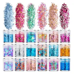 【迅速発送】YFFSFDC ラメホログラム 18色セット キラキラ ネイルパーツ ネイルアート 容器付き グリッター ラメグリッター ラメパウダー (18色) ネイルパウダー 顔飾り ヘア飾り 新年 クリスマス メイク用品 ゴールド