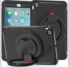 ★【注意事項あり】iPad Mini3/2/1 ケース リング付き 衝撃吸収 軽い 頑丈 360°回転スタンド 多方向 ハンドル付 ミニ3 ミニ2 カバー 落下防止 キズ防止 キッズ iPad Mini 第3世代 第2世代 第1世代 ケース, 黒