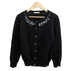 アベニールエトワール Aveniretoile ニットカーディガン ショート丈 ラウンドネック 無地 ビーズ刺繍 36 S 黒 ブラック 白 ホワイト /YS19
