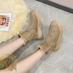 レディース ムートンブーツ レディースブーツ　ミドル丈ブーツ スエード ジップブーツ　冬靴 カーキ