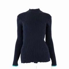 ディスコート Discoat モチモチ リブ パイピング ハイネック ニット セーター 長袖 M 紺 ネイビー 緑 グリーン