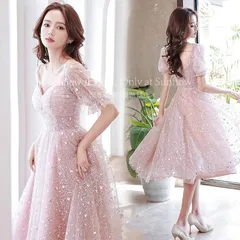 結婚式ドレス 二次会ドレス ピンク ミモレ丈ドレス パフスリーブ 可愛いドレス 成人式ドレス 同窓会 ミディアム丈ドレス スパンコール パールccmlf0827p021