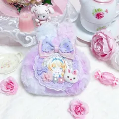 可愛いレトロな女の子　うさぎのふわふわファーポーチ　レインボー　パープル　ラベンダー　ウサギ　リボン　バラ　薔薇　rose 星　スター　ピンク　アップリケ　レース　エコファー　ロリータ　甘ロリ　ゆめかわいい　ゆめかわ　姫　姫系　プリンセス