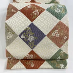 【美品】 袋帯 名品 菱 草花 唐織 金糸 クリーム 六通 正絹 【中古】
