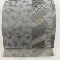袋帯 秀品 花 幾何学 金銀糸 灰色 六通 正絹 【中古】