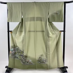 付下げ 身丈161cm 裄丈66cm M 単衣 樹木 建物 金彩 ぼかし 抹茶色 正絹 秀品 【中古】