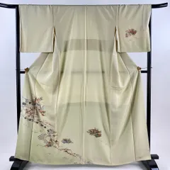 訪問着 身丈162cm 裄丈66cm M 袷 鈴乃屋 扇面 花鳥 刺繍 金彩 薄黄 正絹 名品 【中古】